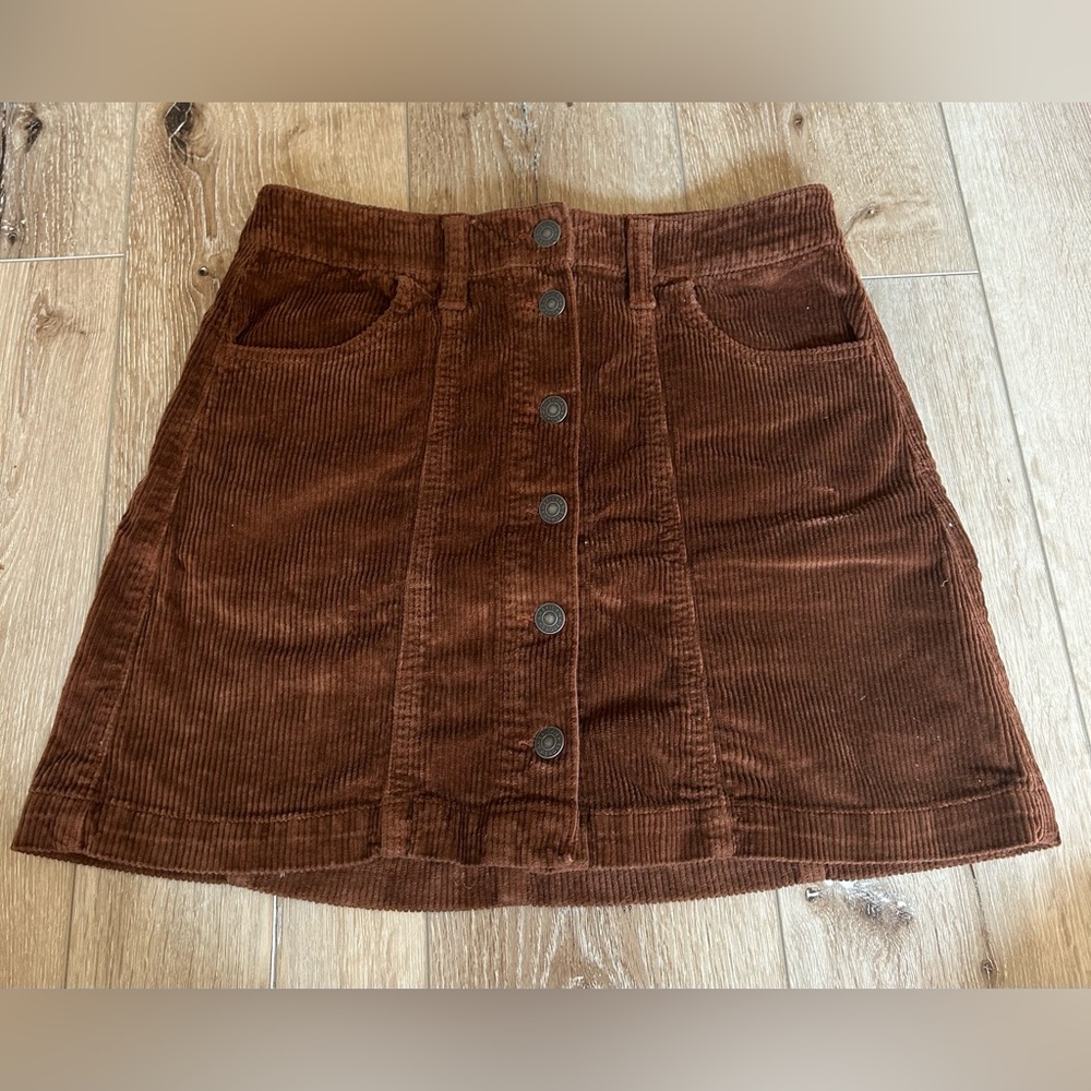 AE, Corduroy Button-Up Skirt, Brown, Size: 4